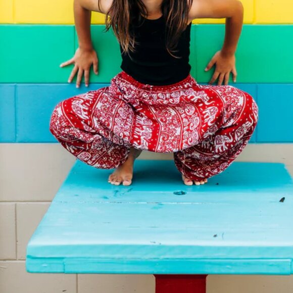 Kids Red Lotus Harem Pant Unisex Cotton Printed Travel Boho Hippie Pants Red - Picture 8 of 9